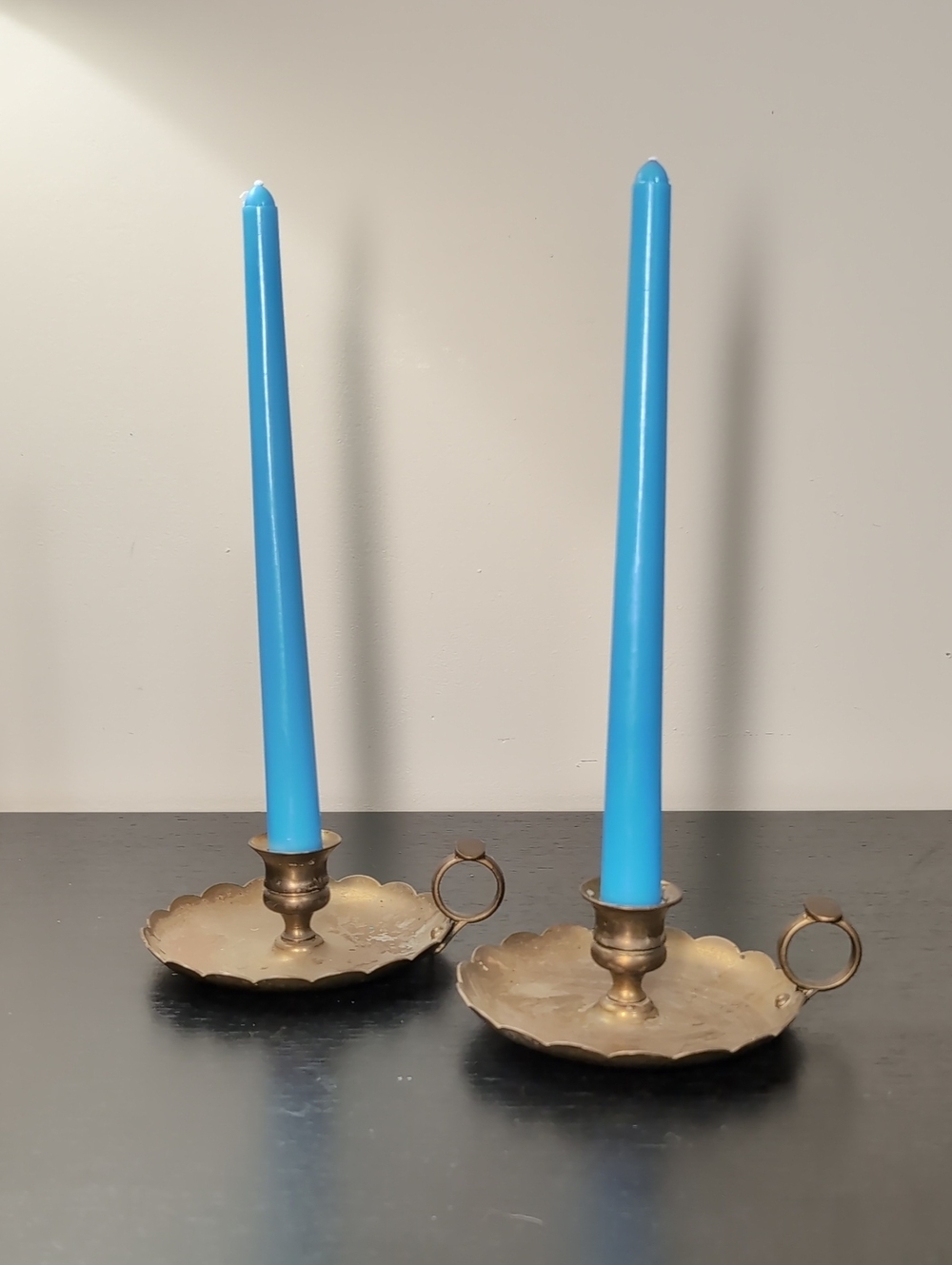Vintage Brass Chamberstick Candle Holders with Candles
